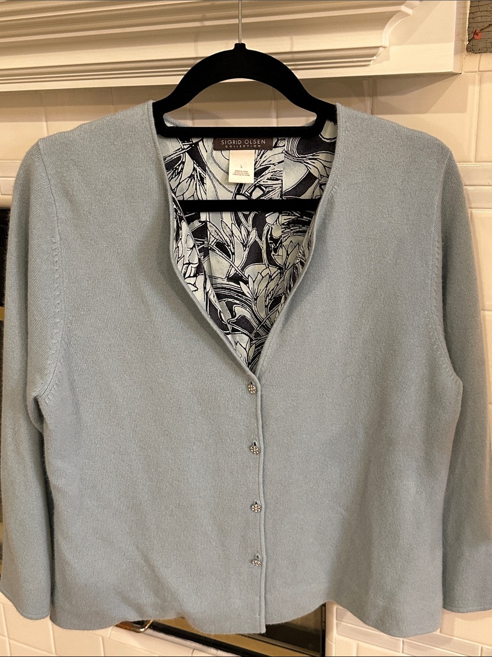 Sigrid Olsen Pale Blue Button-Front Cashmere Cardigan w/ patterned silk lining